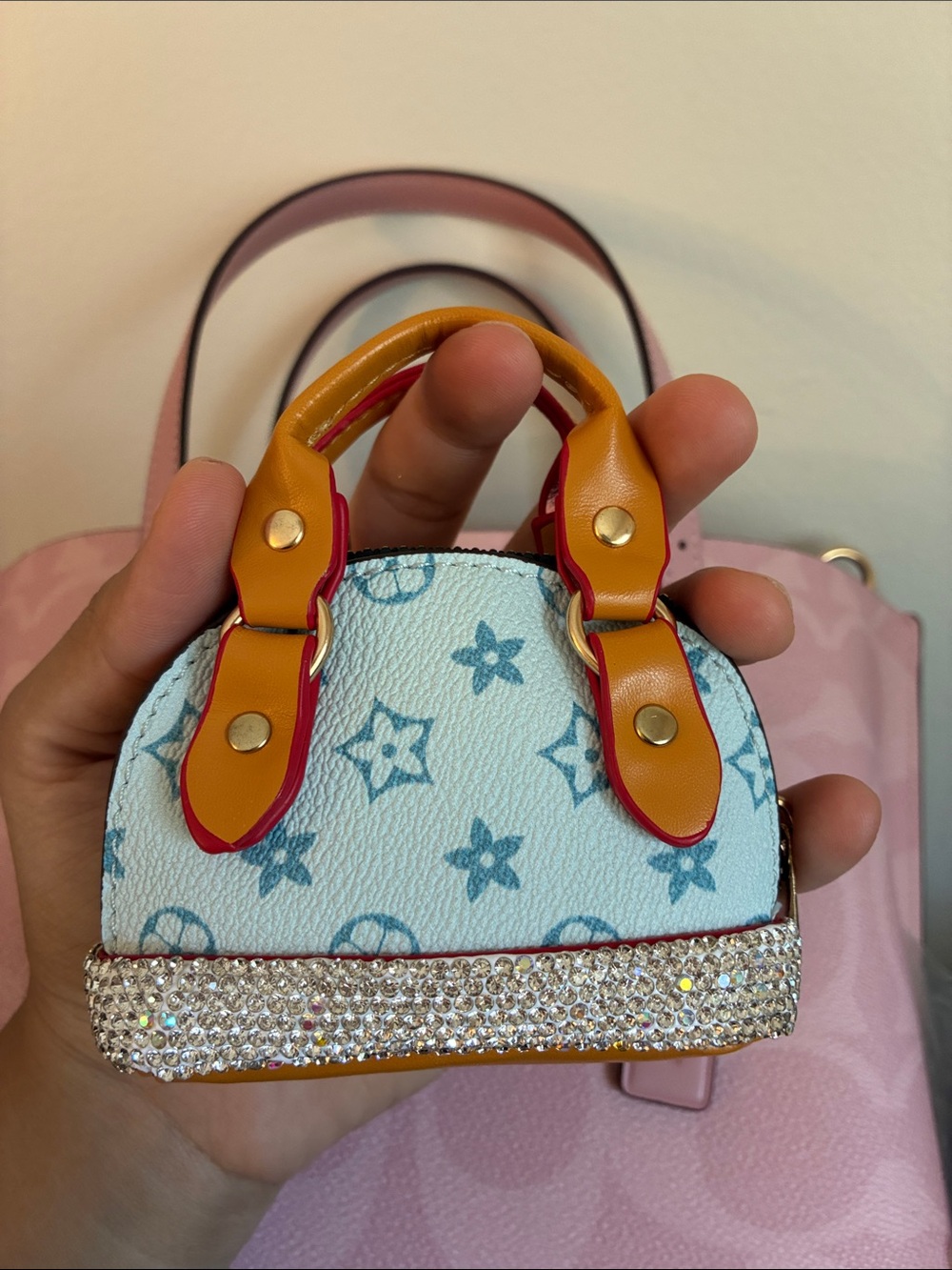 Mini Blue Monogram Handbag Charm with Rhinestone Trim - Picture 2 of 5
